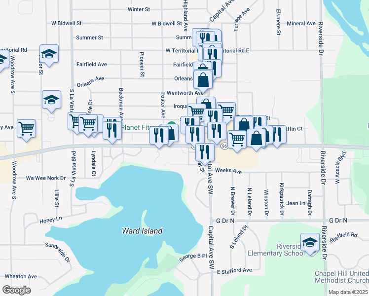 map of restaurants, bars, coffee shops, grocery stores, and more near 207 West Columbia Avenue in Battle Creek