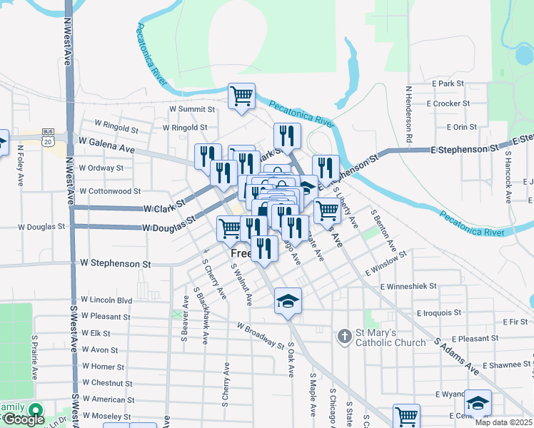 map of restaurants, bars, coffee shops, grocery stores, and more near 4 West Stephenson Street in Freeport