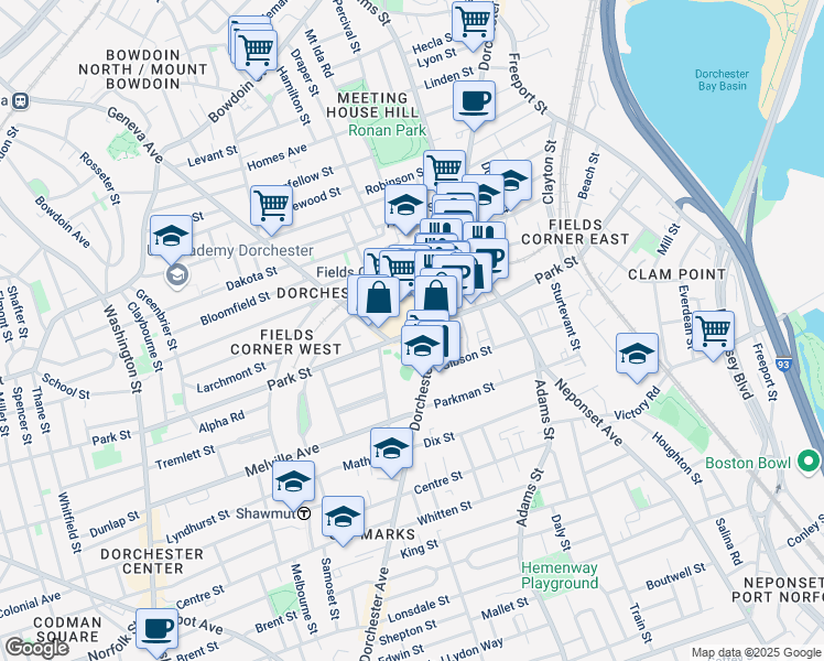 map of restaurants, bars, coffee shops, grocery stores, and more near 189 Park Street in Boston