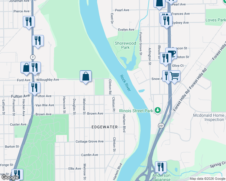 map of restaurants, bars, coffee shops, grocery stores, and more near 2407 Clinton Road in Rockford