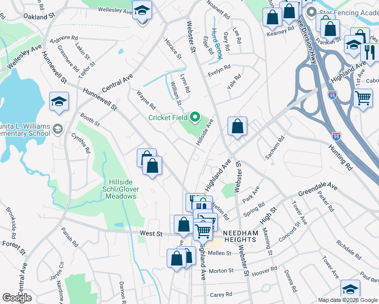 map of restaurants, bars, coffee shops, grocery stores, and more near 87 Hillside Avenue in Needham