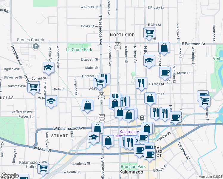 map of restaurants, bars, coffee shops, grocery stores, and more near 718 Cooley Street in Kalamazoo