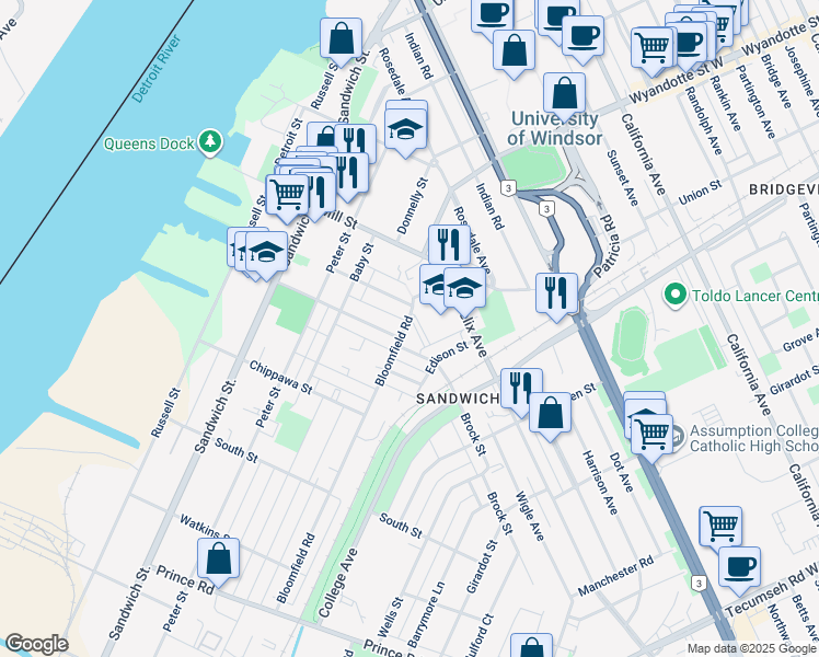 map of restaurants, bars, coffee shops, grocery stores, and more near 3275 Bloomfield Road in Windsor