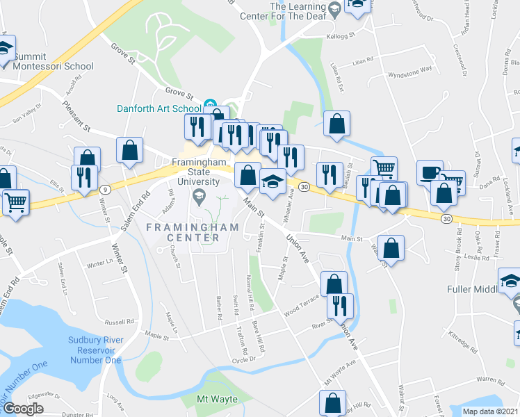 map of restaurants, bars, coffee shops, grocery stores, and more near 26a Main Street in Framingham