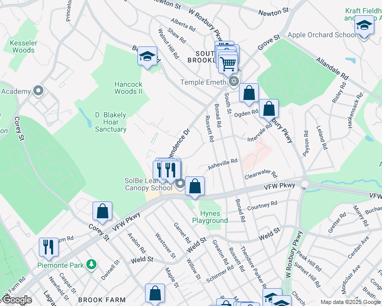 map of restaurants, bars, coffee shops, grocery stores, and more near 83 Thornton Road in Brookline