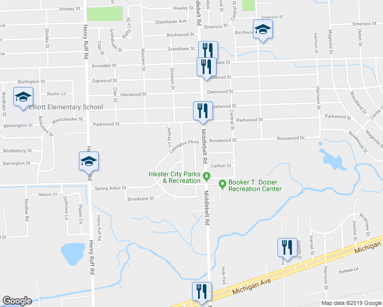 map of restaurants, bars, coffee shops, grocery stores, and more near 1552 Meadow Lane in Inkster