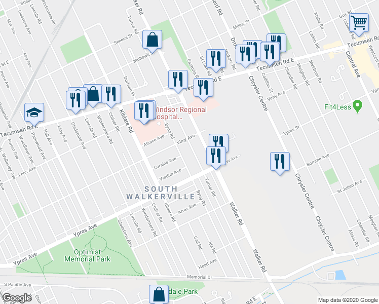 map of restaurants, bars, coffee shops, grocery stores, and more near 2331 Turner Road in Windsor