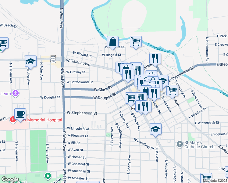 map of restaurants, bars, coffee shops, grocery stores, and more near 318 West Douglas Street in Freeport