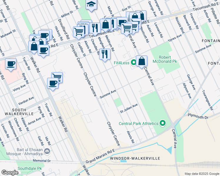 map of restaurants, bars, coffee shops, grocery stores, and more near 2478 Alexis Road in Windsor