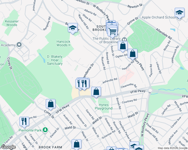 map of restaurants, bars, coffee shops, grocery stores, and more near 91 Thornton Road in Brookline