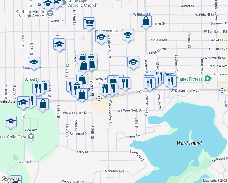 map of restaurants, bars, coffee shops, grocery stores, and more near 82 Woodrow Avenue South in Battle Creek