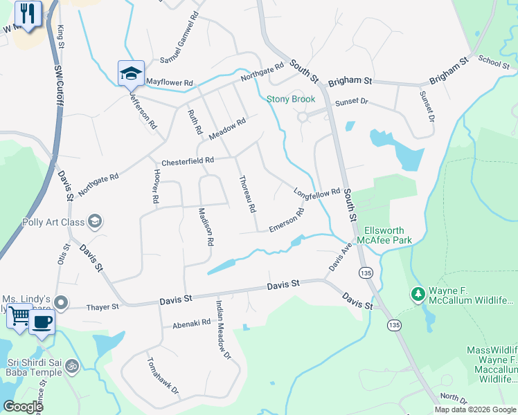 map of restaurants, bars, coffee shops, grocery stores, and more near 10 Thoreau Road in Northborough