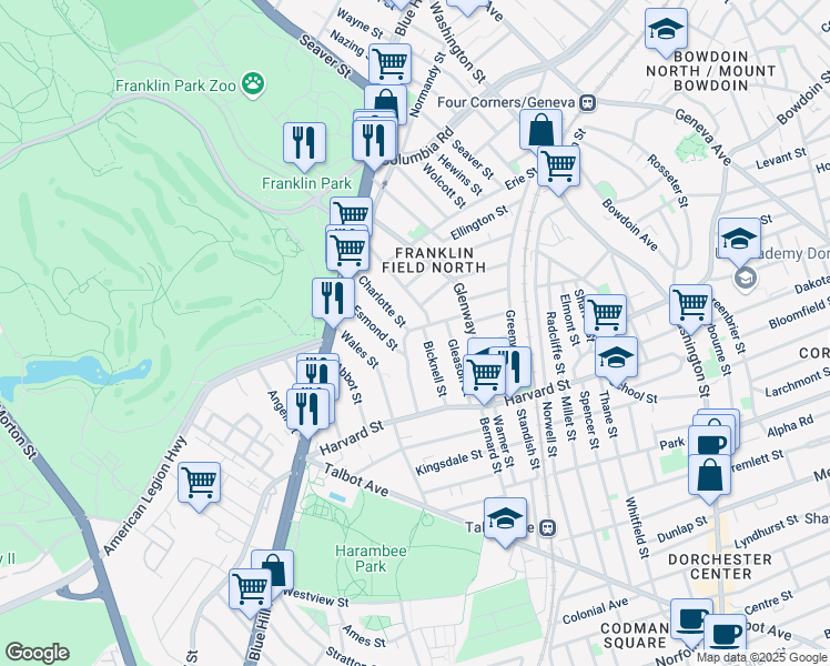 map of restaurants, bars, coffee shops, grocery stores, and more near 38 Bradshaw Street in Boston