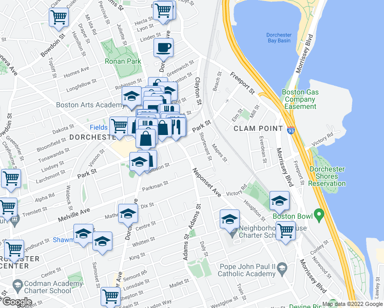 map of restaurants, bars, coffee shops, grocery stores, and more near 326 Adams Street in Boston