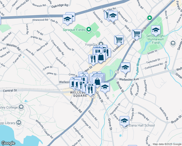 map of restaurants, bars, coffee shops, grocery stores, and more near Two Hollis Street in Wellesley