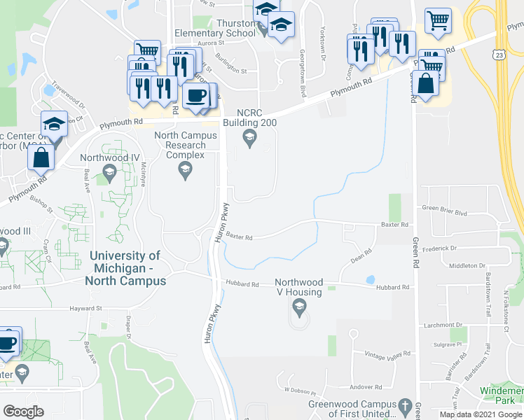 map of restaurants, bars, coffee shops, grocery stores, and more near 2901 Baxter Road in Ann Arbor