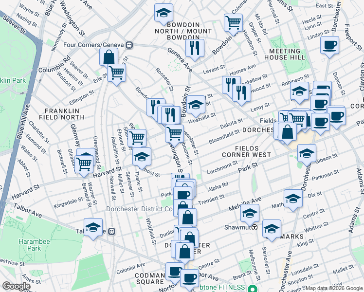 map of restaurants, bars, coffee shops, grocery stores, and more near 45 Greenbrier Street in Boston