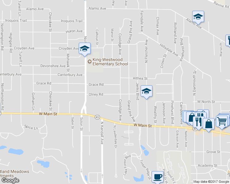 map of restaurants, bars, coffee shops, grocery stores, and more near 2820 Olney Road in Kalamazoo
