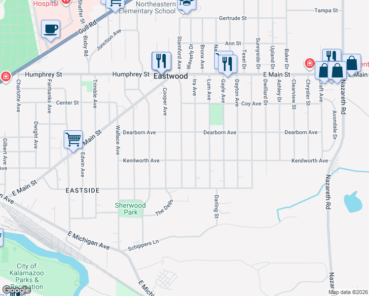 map of restaurants, bars, coffee shops, grocery stores, and more near 628 Washburn Avenue in Kalamazoo
