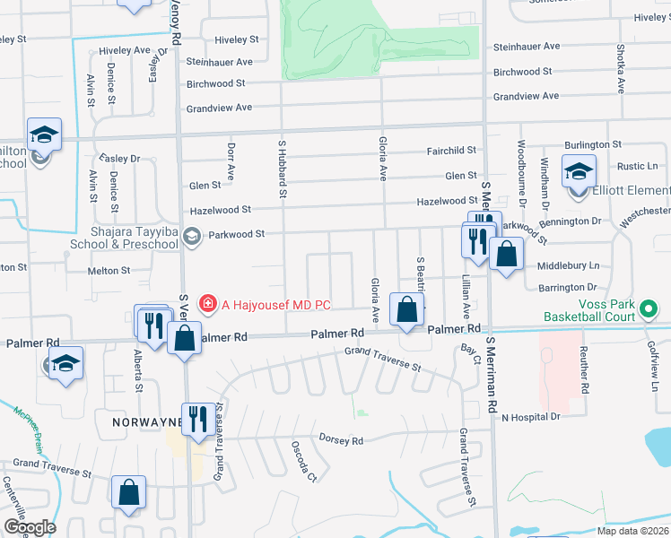 map of restaurants, bars, coffee shops, grocery stores, and more near 1541 Winifred Street in Westland