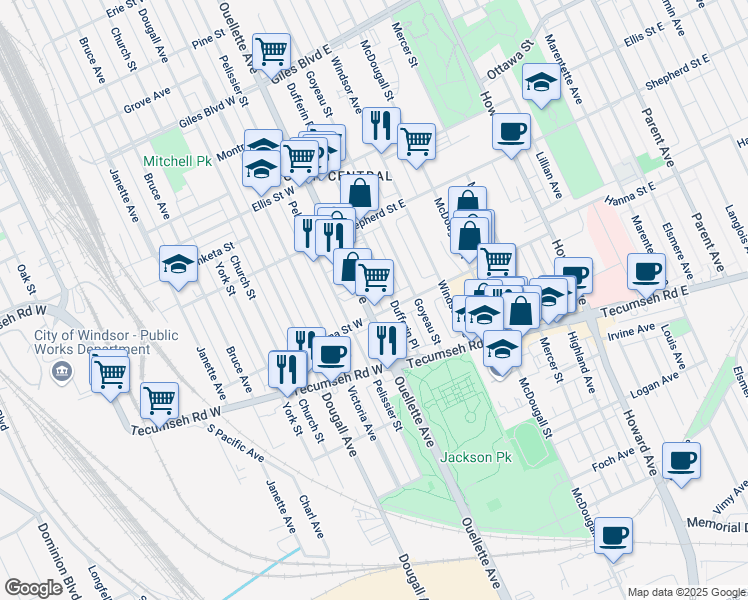 map of restaurants, bars, coffee shops, grocery stores, and more near 1584 Ouellette Avenue in Windsor