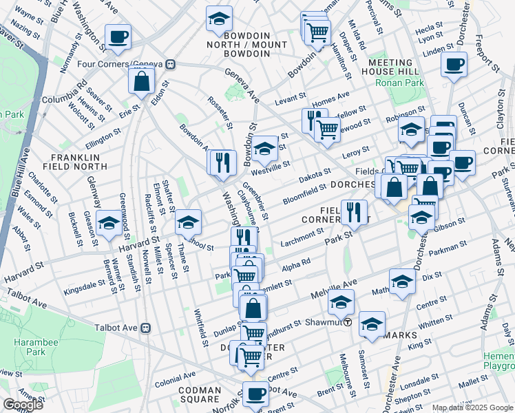 map of restaurants, bars, coffee shops, grocery stores, and more near 45 Greenbrier Street in Boston