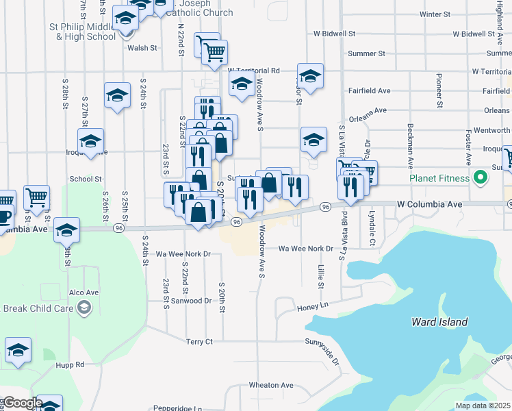map of restaurants, bars, coffee shops, grocery stores, and more near 82 Woodrow Avenue South in Battle Creek