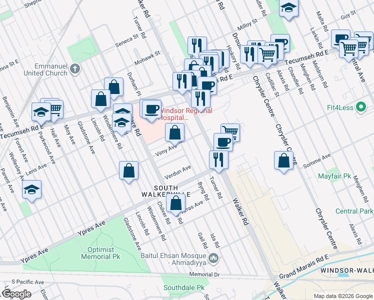 map of restaurants, bars, coffee shops, grocery stores, and more near 2331 Turner Road in Windsor