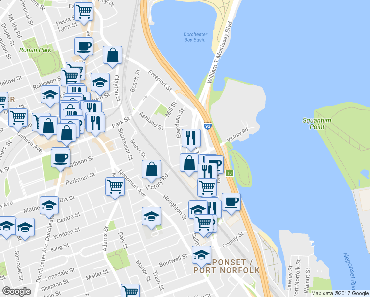 map of restaurants, bars, coffee shops, grocery stores, and more near 25 Blanche Street in Boston