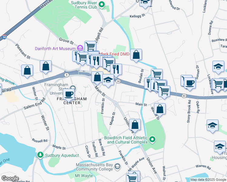map of restaurants, bars, coffee shops, grocery stores, and more near 8 Wheeler Avenue in Framingham