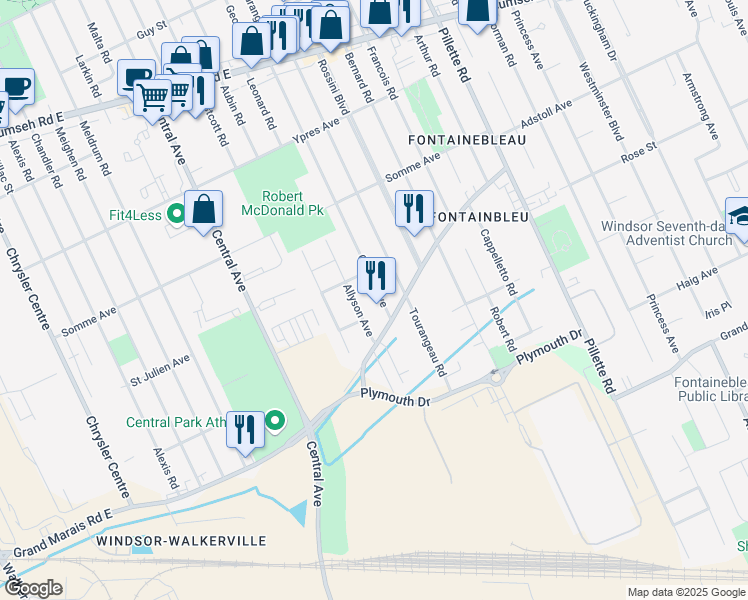 map of restaurants, bars, coffee shops, grocery stores, and more near 2643 George Avenue in Windsor