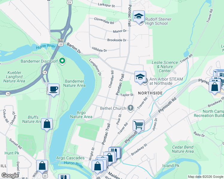 map of restaurants, bars, coffee shops, grocery stores, and more near 1712 Chandler Road in Ann Arbor