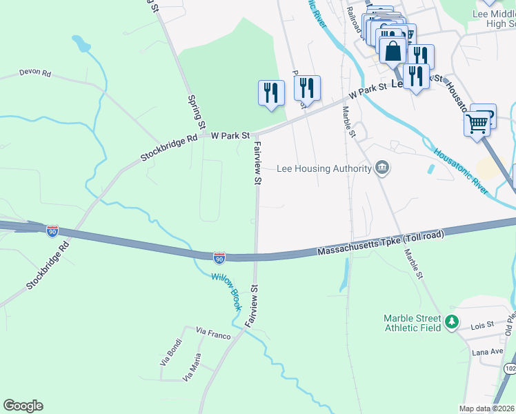 map of restaurants, bars, coffee shops, grocery stores, and more near 113 Fairview Street in Lee