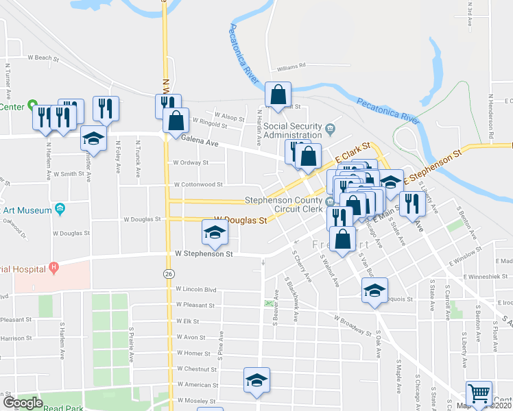 map of restaurants, bars, coffee shops, grocery stores, and more near 417 West Clark Street in Freeport