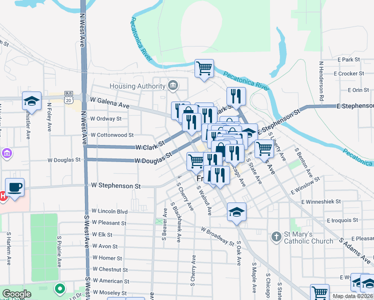 map of restaurants, bars, coffee shops, grocery stores, and more near 209 West Douglas Street in Freeport