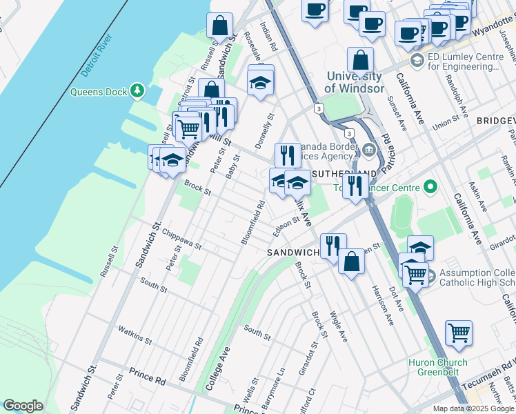 map of restaurants, bars, coffee shops, grocery stores, and more near 3290 Bloomfield Road in Windsor