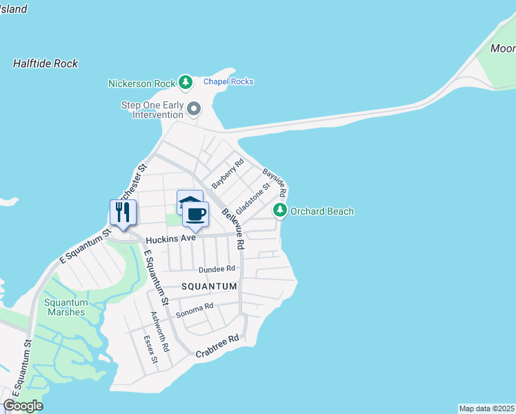 map of restaurants, bars, coffee shops, grocery stores, and more near 42 Brunswick Street in Quincy