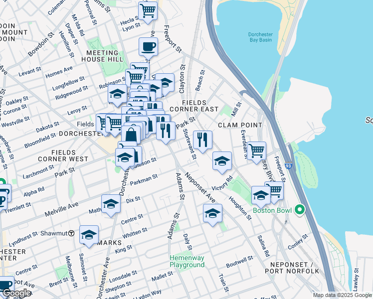 map of restaurants, bars, coffee shops, grocery stores, and more near 326 Adams Street in Boston
