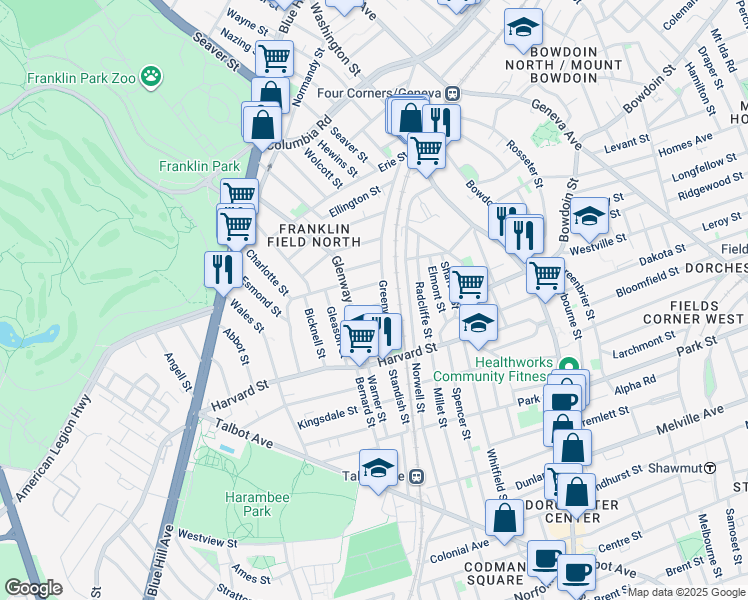 map of restaurants, bars, coffee shops, grocery stores, and more near 12 Roxton Street in Boston