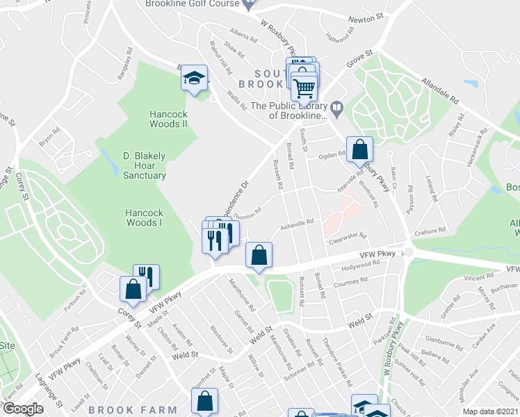 map of restaurants, bars, coffee shops, grocery stores, and more near 95 Thornton Road in Brookline