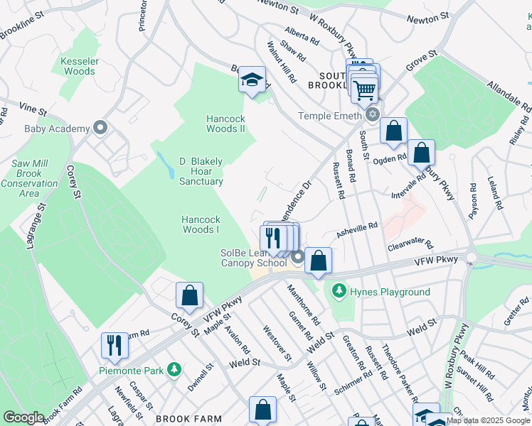 map of restaurants, bars, coffee shops, grocery stores, and more near 40 Sherman Road in Boston