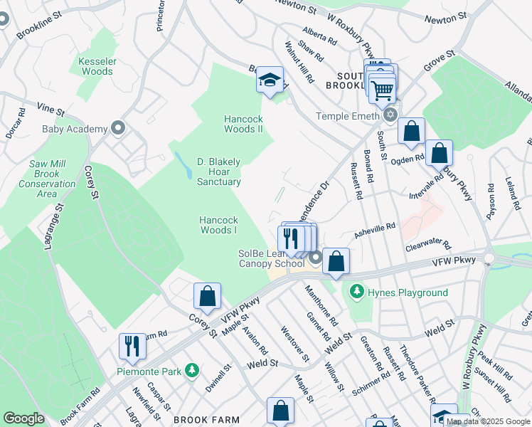 map of restaurants, bars, coffee shops, grocery stores, and more near 40 Sherman Road in Boston