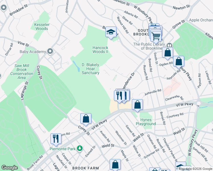 map of restaurants, bars, coffee shops, grocery stores, and more near 102 Sherman Road in Boston