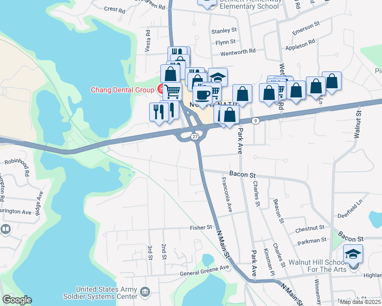 map of restaurants, bars, coffee shops, grocery stores, and more near 184 North Main Street in Natick