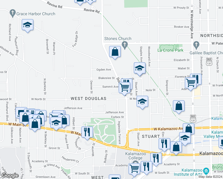 map of restaurants, bars, coffee shops, grocery stores, and more near 1217 Summit Avenue in Kalamazoo