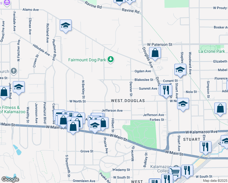 map of restaurants, bars, coffee shops, grocery stores, and more near 700-872 Prairie Avenue in Kalamazoo