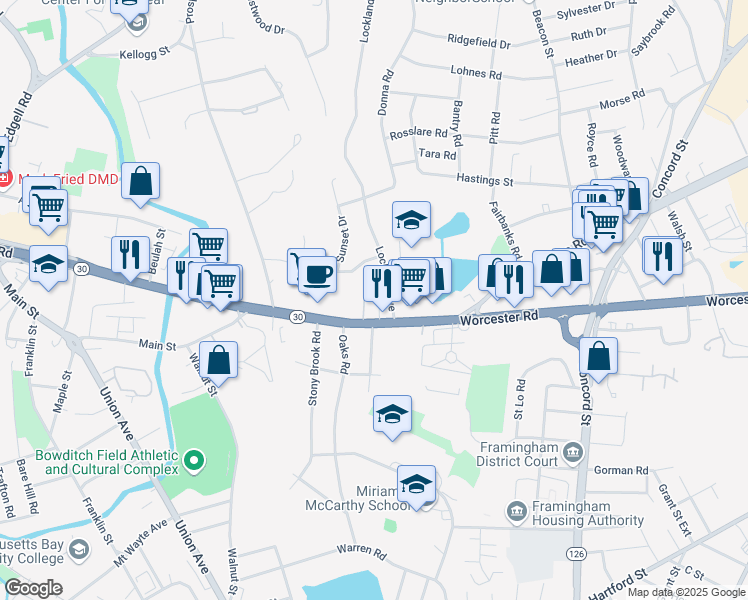 map of restaurants, bars, coffee shops, grocery stores, and more near 541 Massachusetts 30 in Framingham
