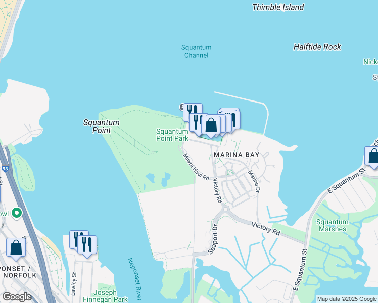 map of restaurants, bars, coffee shops, grocery stores, and more near 550 Victory Road in Quincy