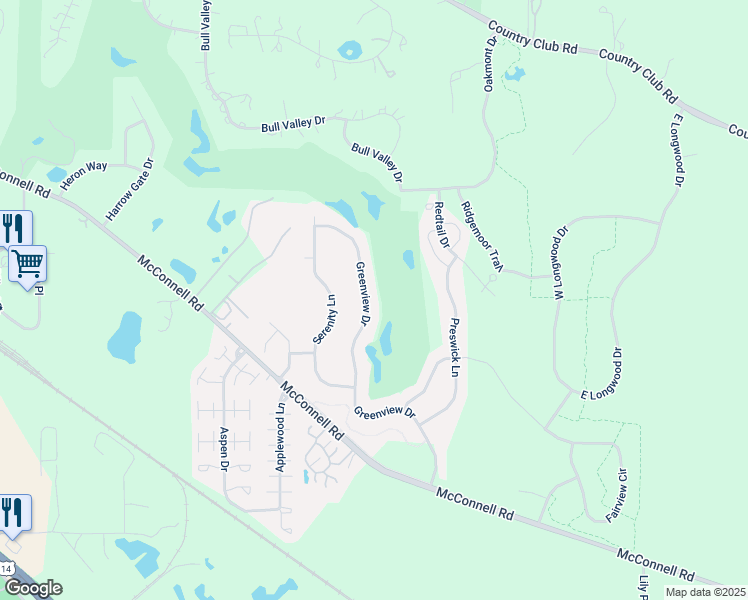 map of restaurants, bars, coffee shops, grocery stores, and more near 2130 Greenview Drive in Woodstock