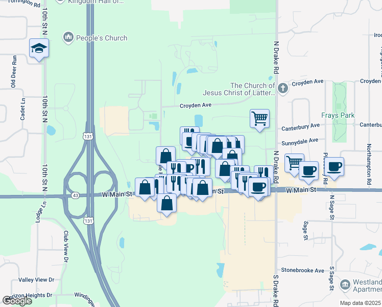 map of restaurants, bars, coffee shops, grocery stores, and more near 5350 West Main Street in Kalamazoo